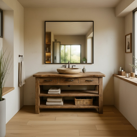 Handcrafted Solid Wood Bathroom Vanity with Curved Live-Edge Top and Triple Storage Drawers