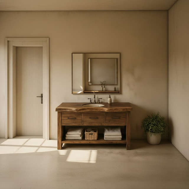 Handcrafted Solid Wood Bathroom Vanity with Live Edge Top, Triple Drawers & Open Storage Shelf