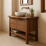 Handcrafted Solid Wood Bathroom Vanity with Live Edge Walnut Top and Open Shelf