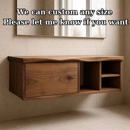 Handcrafted Solid Wood Floating Vanity - Asymmetrical Walnut Console with Hidden & Open Storage