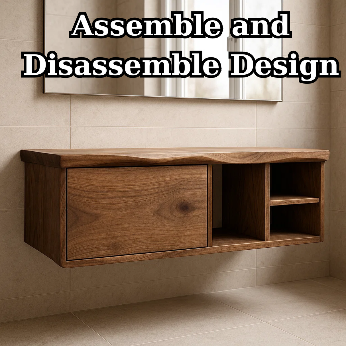 Handcrafted Solid Wood Floating Vanity - Asymmetrical Walnut Console with Hidden & Open Storage