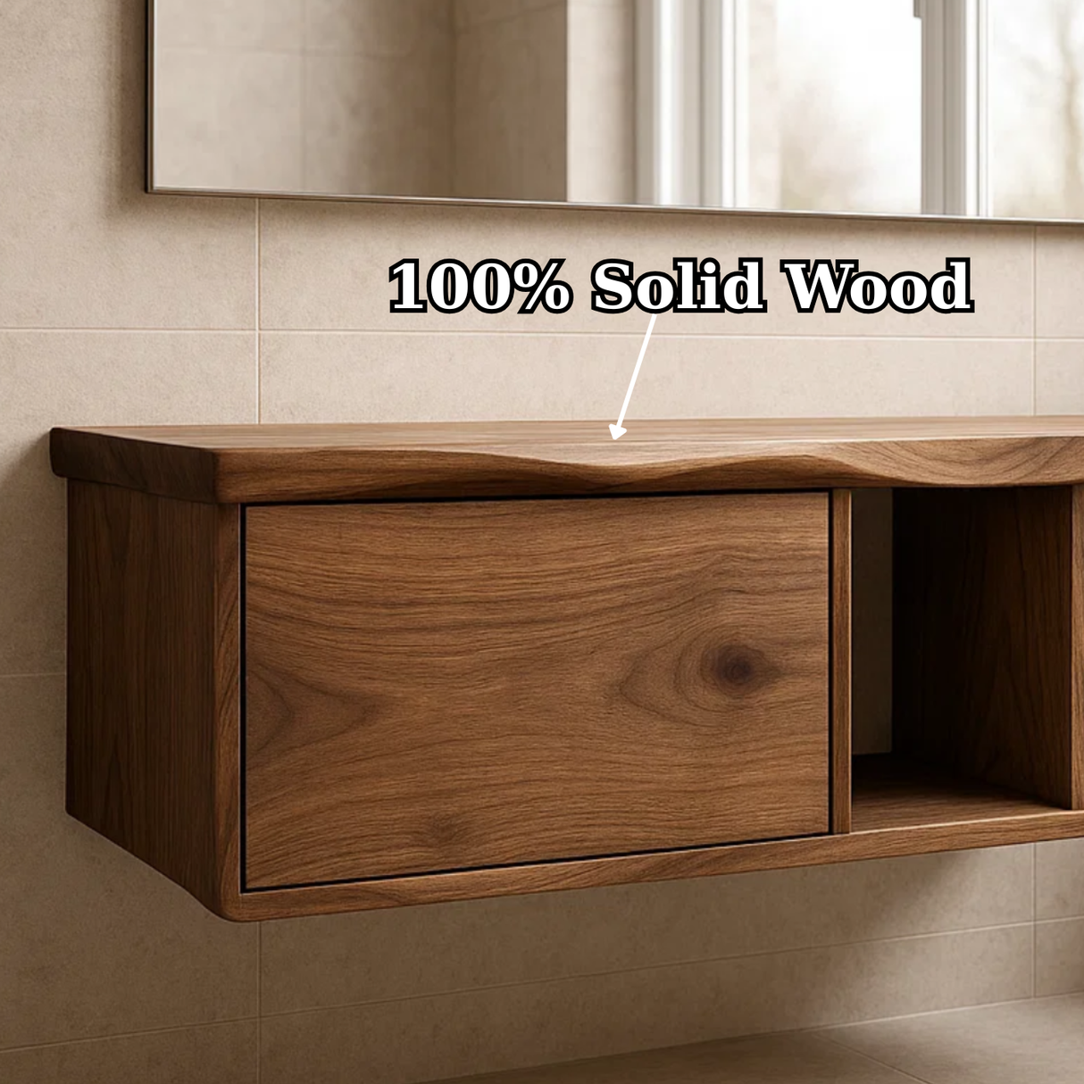 Handcrafted Solid Wood Floating Vanity - Asymmetrical Walnut Console with Hidden & Open Storage