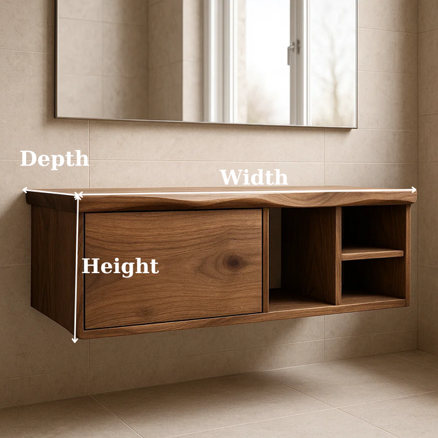 Handcrafted Solid Wood Floating Vanity - Asymmetrical Walnut Console with Hidden & Open Storage