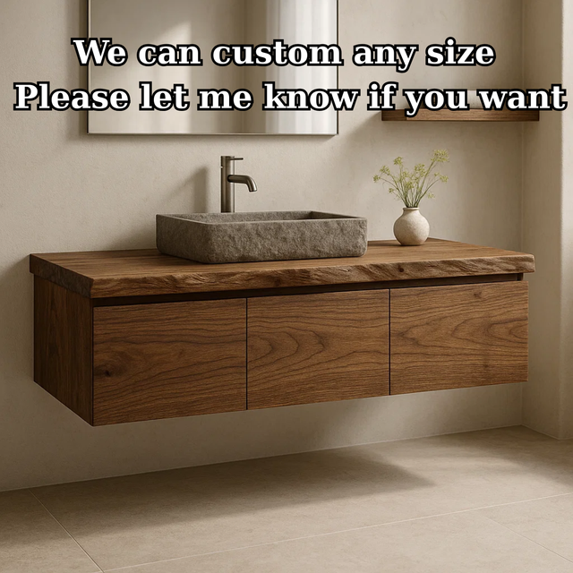 Handcrafted Solid Wood Floating Vanity - 3-Drawer Live Edge Walnut for Vessel Sink