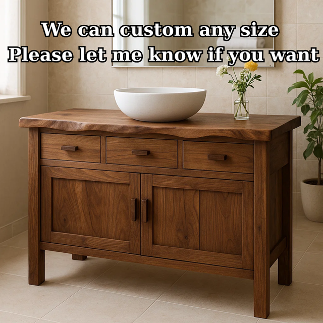 Handcrafted Solid Wood Bathroom Vanity - Live Edge Top, 3 Drawers & Double Door Cabinet