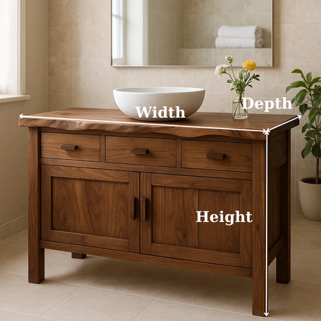 Handcrafted Solid Wood Bathroom Vanity - Live Edge Top, 3 Drawers & Double Door Cabinet