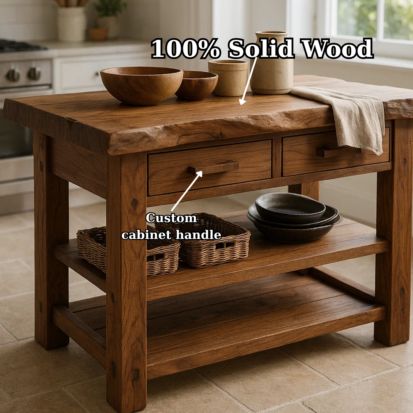 Handcrafted Solid Wood Kitchen Island - Rustic Dining & Prep Table with Storage