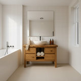 Handcrafted Solid Wood Bathroom Vanity - Live Edge Top with Drawers & Open Shelf Storage