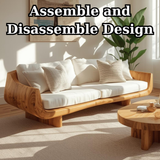 Handcrafted Solid Wood Sofa – Modern Curved Frame with Linen Cushions and Natural Finish