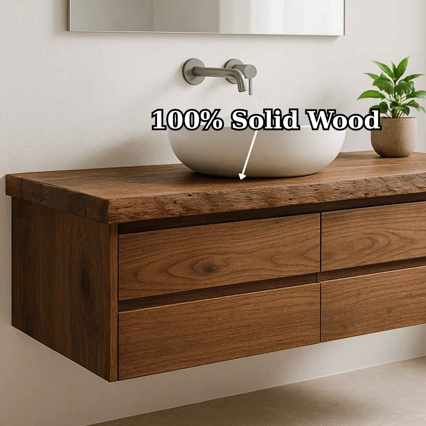 Handcrafted Solid Wood Floating Vanity - Live Edge Walnut Console with Max Storage 4-Drawer