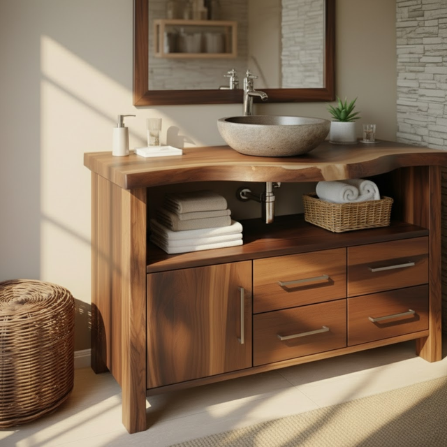 Handcrafted Solid Wood Bathroom Vanity with Live Edge Walnut Top and Storage Cabinet