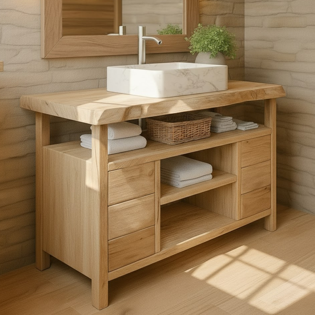 Handcrafted Solid Wood Bathroom Vanity with Live Edge Maple Top and Open Shelf Storage