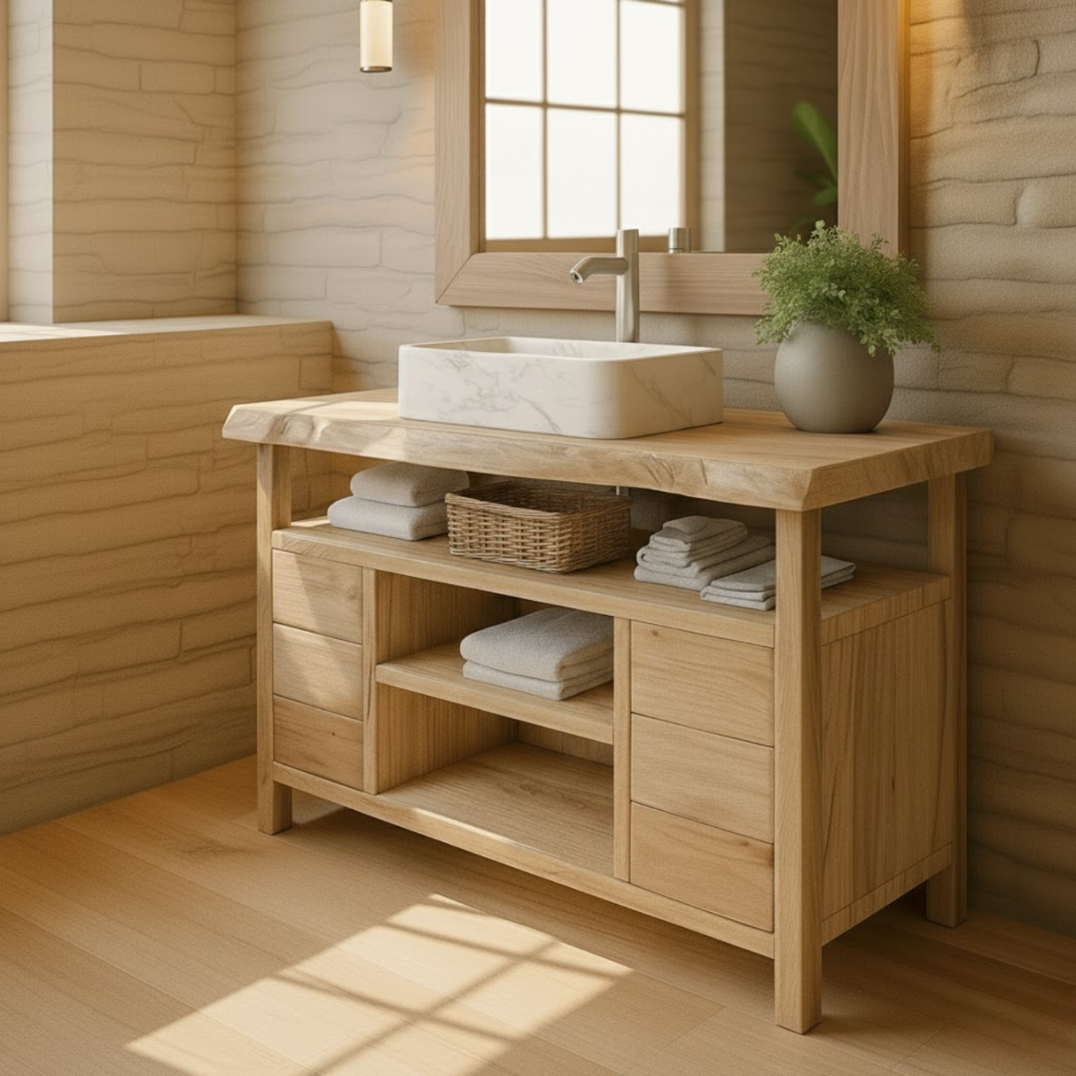 Handcrafted Solid Wood Bathroom Vanity with Live Edge Maple Top and Open Shelf Storage