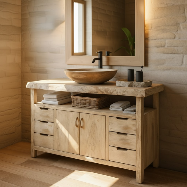 Handcrafted Solid Wood Bathroom Vanity with Live Edge Maple Top and Six Storage Drawers