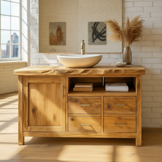 Handcrafted Solid Wood Bathroom Vanity with Live Edge Top and Four Storage Drawers