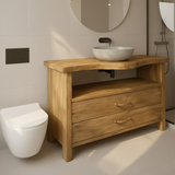 Handcrafted Solid Wood Bathroom Vanity with Live Edge Oak Top and Two Storage Drawers