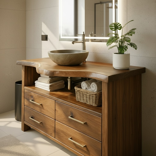 Handcrafted Solid Wood Bathroom Vanity with Live Edge Walnut Top and 4 Storage Drawers