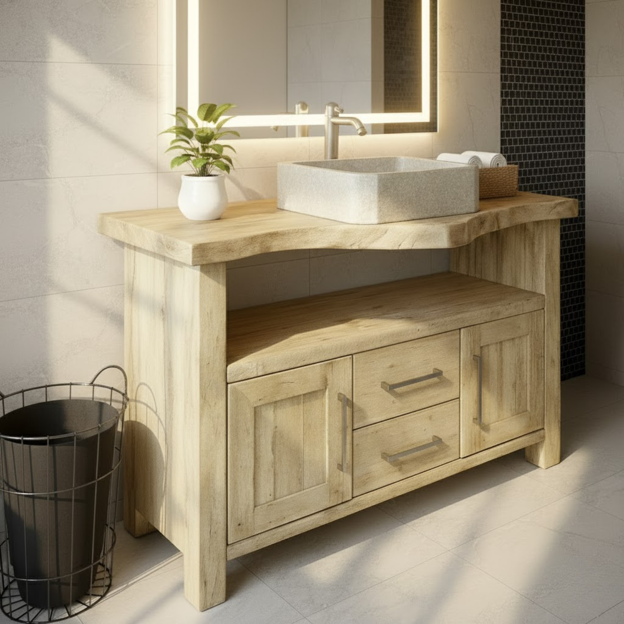 Handcrafted Solid Wood Bathroom Vanity with Live Edge Oak Top, 2 Drawers and Double Cabinets
