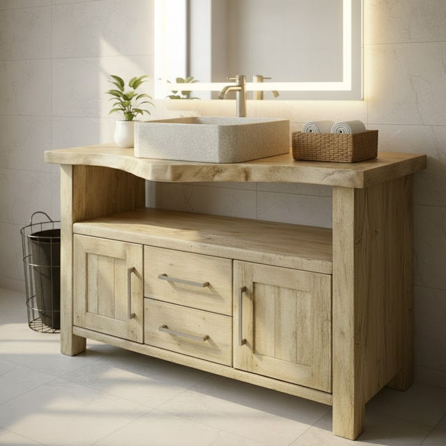 Handcrafted Solid Wood Bathroom Vanity with Live Edge Oak Top, 2 Drawers and Double Cabinets