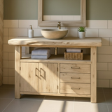 Handcrafted Solid Wood Bathroom Vanity with Live Edge Oak Top, 3 Drawers and Double Cabinet