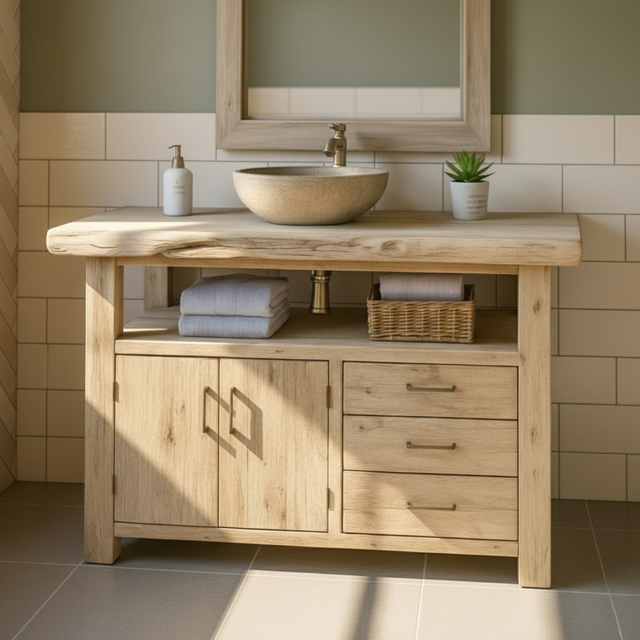 Handcrafted Solid Wood Bathroom Vanity with Live Edge Oak Top, 3 Drawers and Double Cabinet