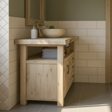 Handcrafted Solid Wood Bathroom Vanity with Live Edge Oak Top, 3 Drawers and Double Cabinet