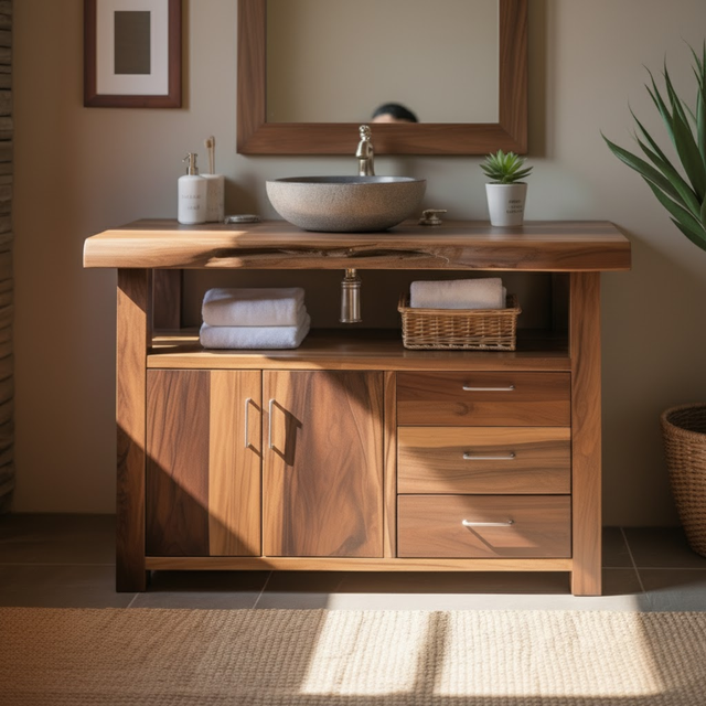 Handcrafted Solid Wood Bathroom Vanity with Live Edge Walnut Top, 3 Drawers and Cabinet