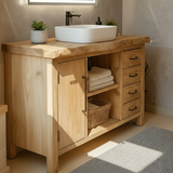 Handcrafted Solid Wood Bathroom Vanity with Live Edge Oak Top and Open Storage