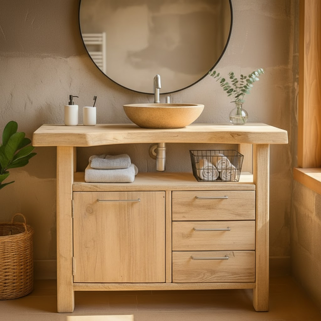 Handcrafted Solid Wood Bathroom Vanity with Live Edge Oak Top and Storage Drawers