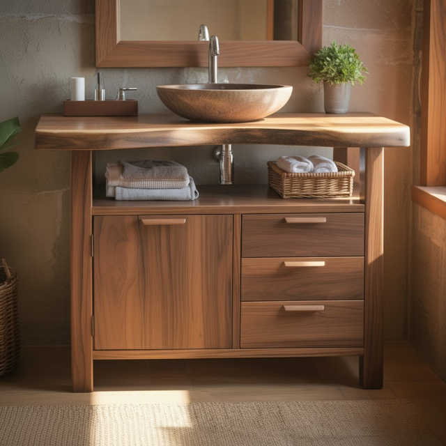 Handcrafted Solid Wood Bathroom Vanity with Live Edge Walnut Top and Storage Drawers
