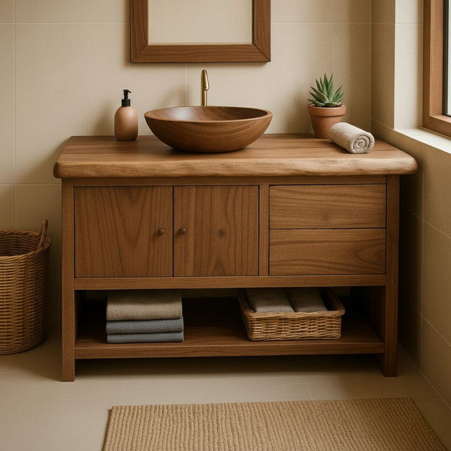 Handcrafted Solid Wood Bathroom Vanity with Live Edge Walnut Top and Storage Cabinet
