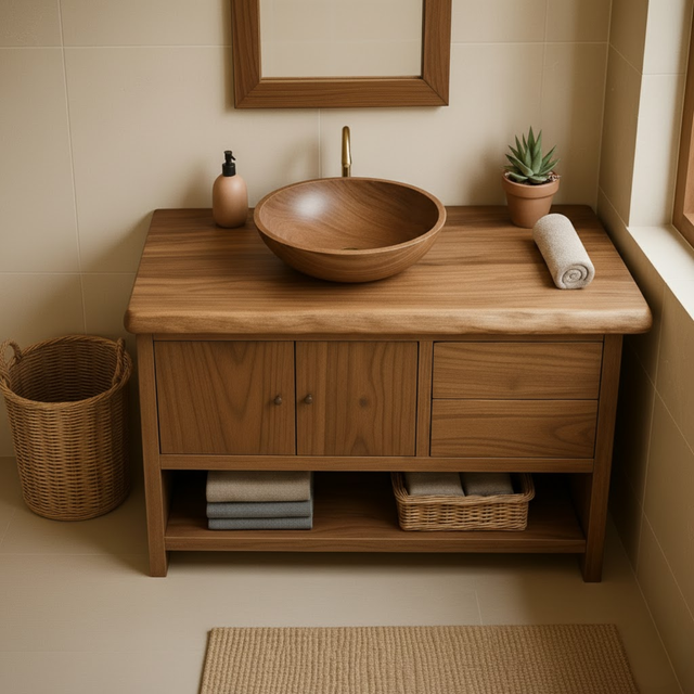 Handcrafted Solid Wood Bathroom Vanity with Live Edge Walnut Top and Storage Cabinet