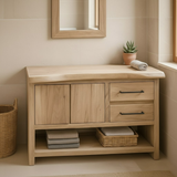 Handcrafted Solid Wood Bathroom Vanity with Live Edge Maple Top and Storage Shelves
