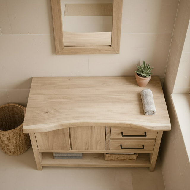 Handcrafted Solid Wood Bathroom Vanity with Live Edge Maple Top and Storage Shelves
