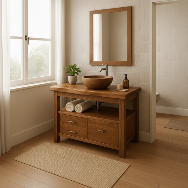Handcrafted Solid Wood Bathroom Vanity with Live Edge Oak Top and Metal Handles