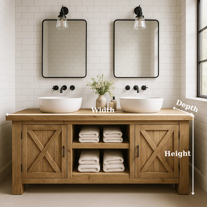 Handcrafted Solid Wood Farmhouse Double Bathroom Vanity - Cabinet & Open Shelf Storage