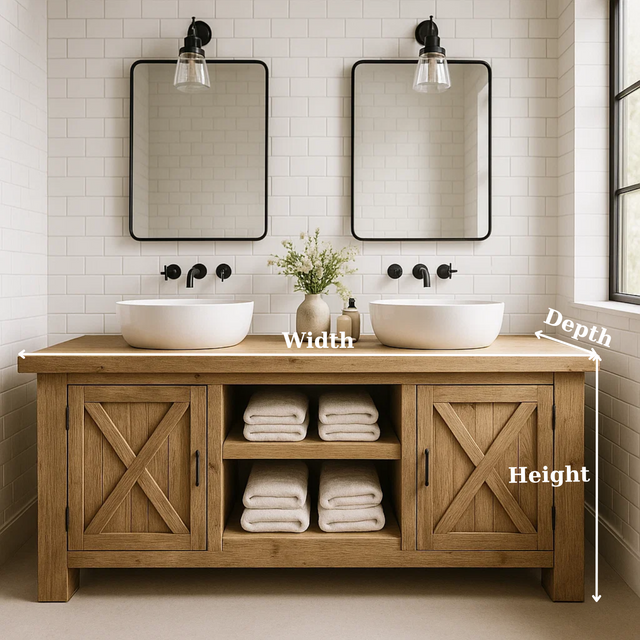 Handcrafted Solid Wood Farmhouse Double Bathroom Vanity - Cabinet & Open Shelf Storage