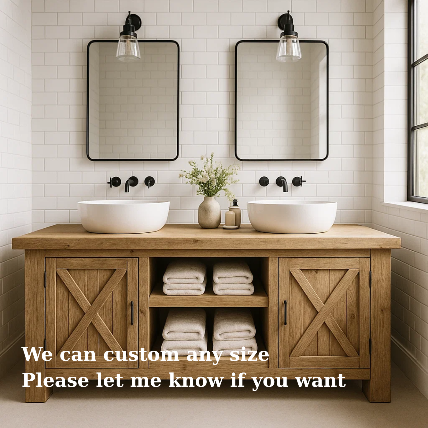 Handcrafted Solid Wood Farmhouse Double Bathroom Vanity - Cabinet & Open Shelf Storage
