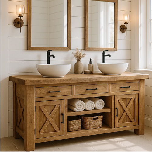 Handcrafted Solid Wood Double Bathroom Vanity - Farmhouse X-Door Cabinet Storage