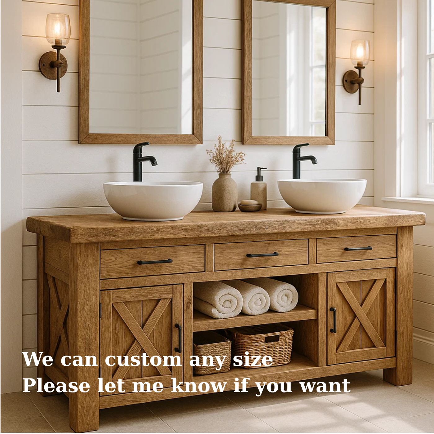 Handcrafted Solid Wood Double Bathroom Vanity - Farmhouse X-Door Cabinet Storage