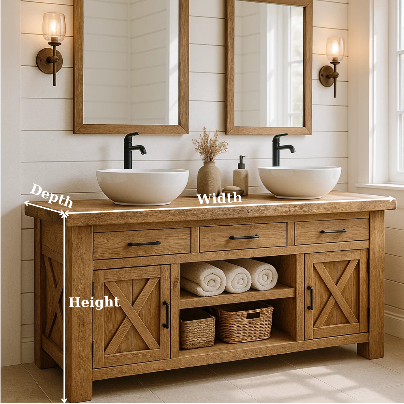 Handcrafted Solid Wood Double Bathroom Vanity - Farmhouse X-Door Cabinet Storage