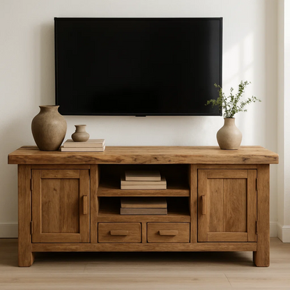 Handcrafted Solid Wood TV Stand - Rustic Oak Media Console with Open Shelving