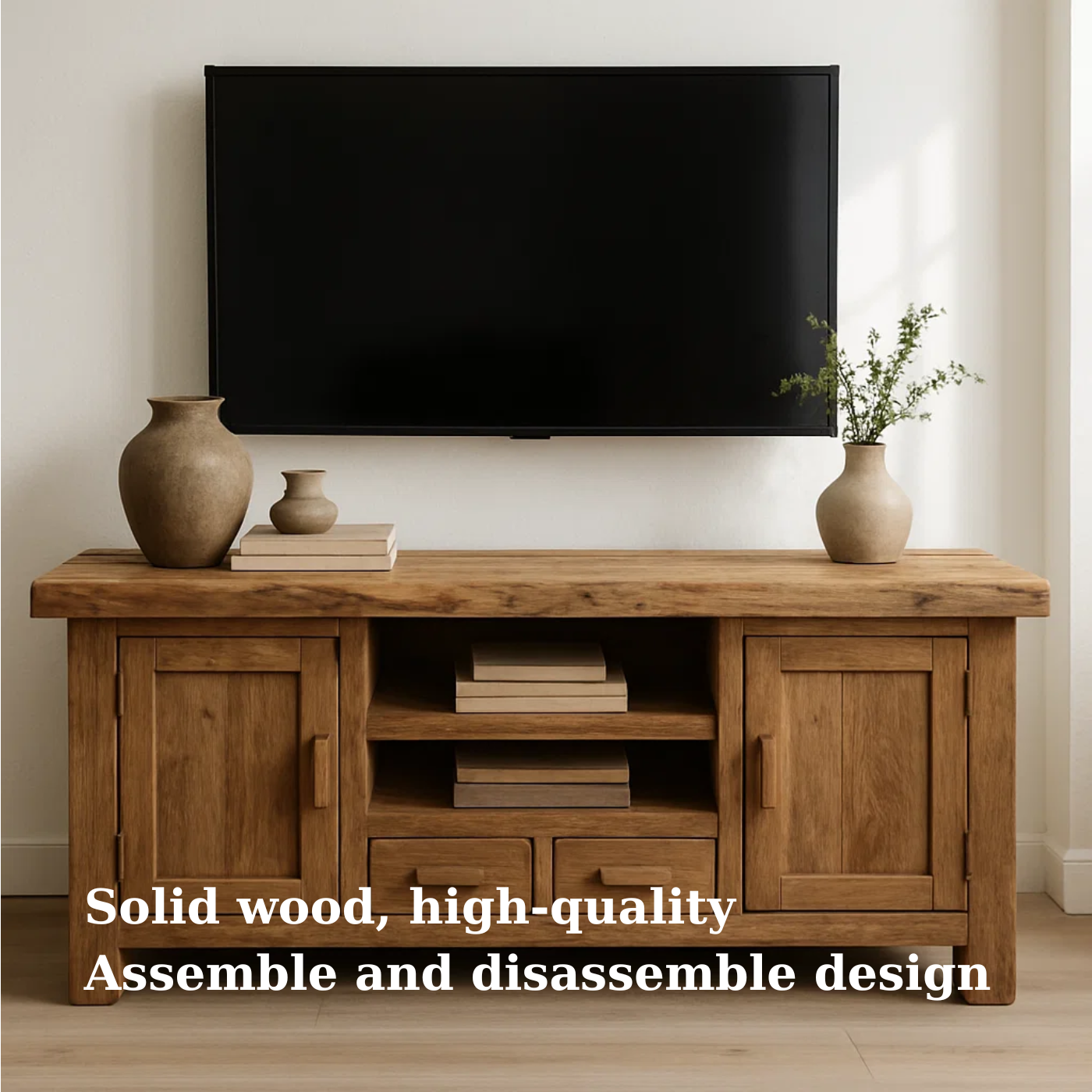 Handcrafted Solid Wood TV Stand - Rustic Oak Media Console with Open Shelving