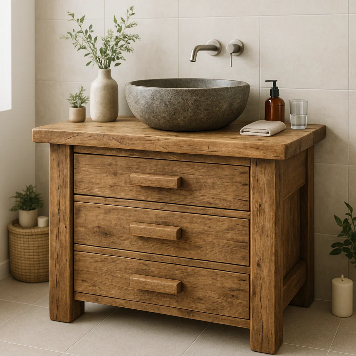 Handcrafted Solid Wood Rustic Bathroom Vanity - 3 Drawer Storage