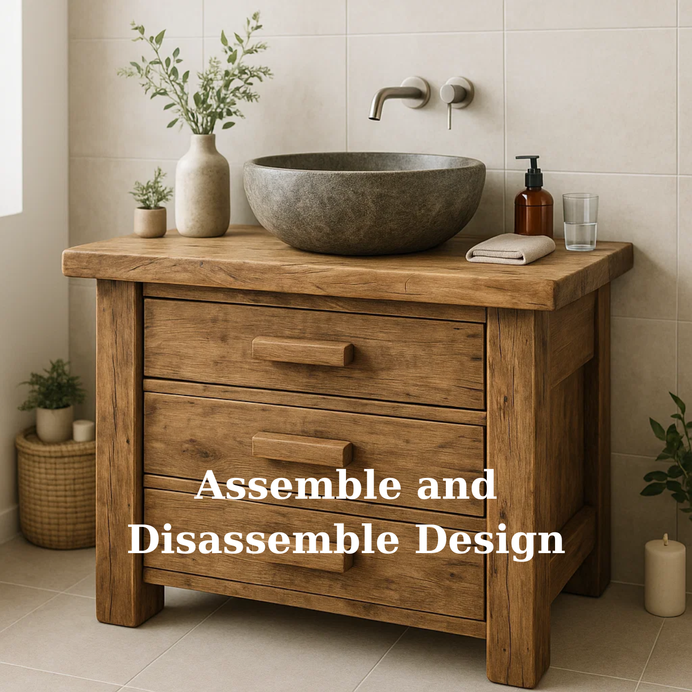 Handcrafted Solid Wood Rustic Bathroom Vanity - 3 Drawer Storage