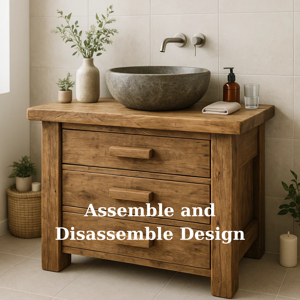 Handcrafted Solid Wood Rustic Bathroom Vanity - 3 Drawer Storage