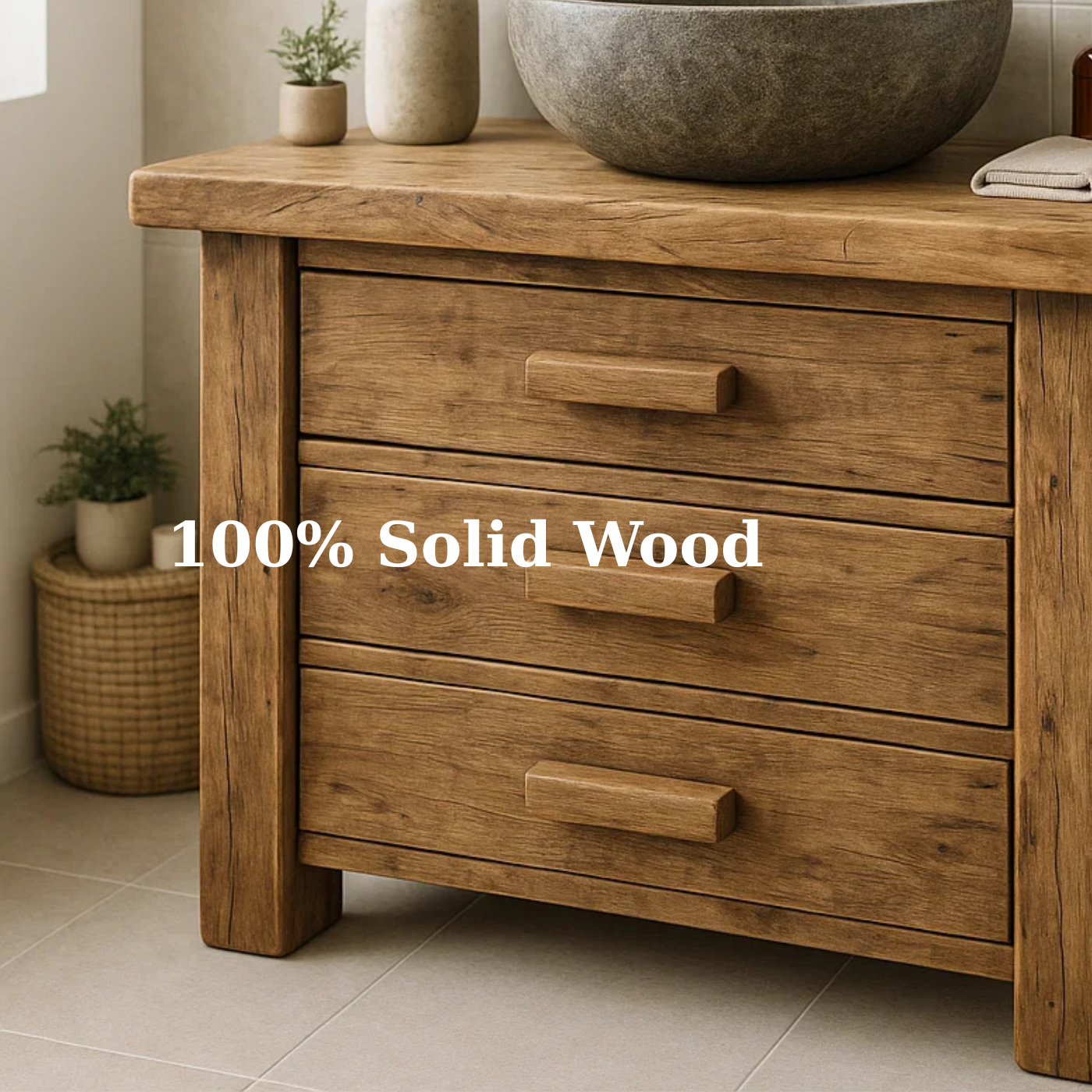Handcrafted Solid Wood Rustic Bathroom Vanity - 3 Drawer Storage