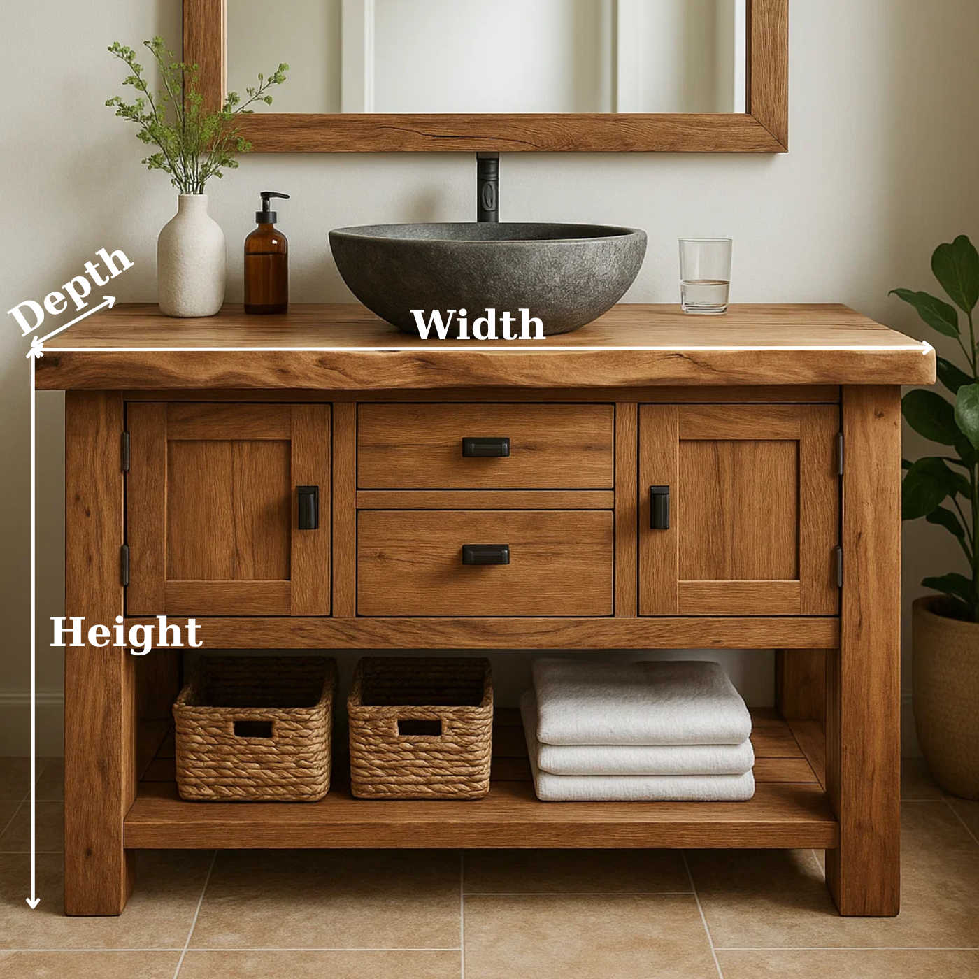 Handcrafted Solid Wood Bathroom Vanity - Cabinet & Drawer Storage