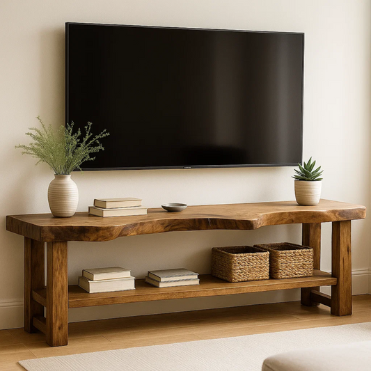 Handcrafted Solid Wood TV Stand - Live Edge Two-Tier Media Console with Storage Shelf
