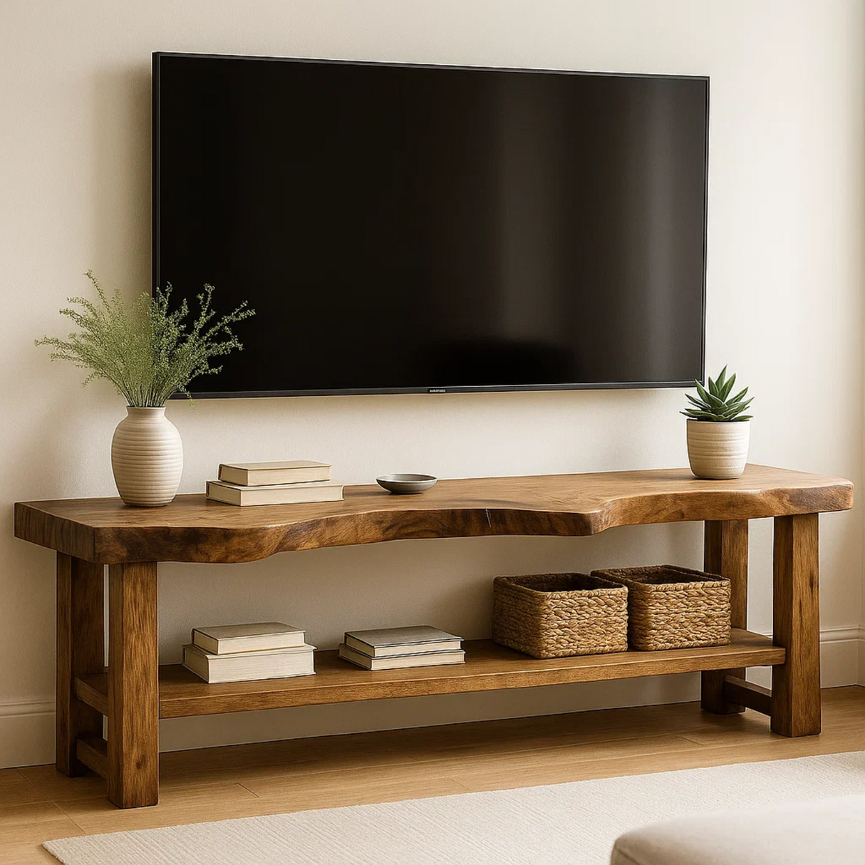 Handcrafted Solid Wood TV Stand - Live Edge Two-Tier Media Console with Storage Shelf